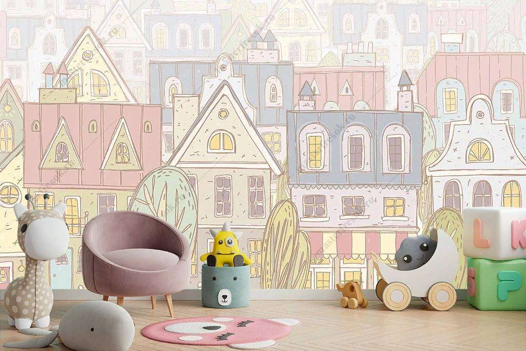 Фотообои в интерьере цветные домики  14-083 фото