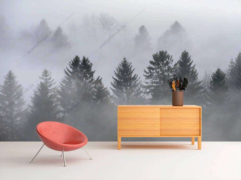 Фотообои в интерьере туманное утро в лесу  9-1165 фото