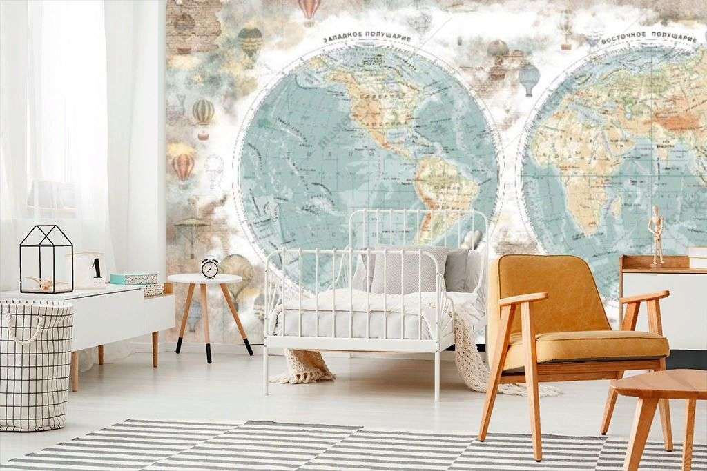 Фотообои в интерьере винтажная карта мира  14-585 фото
