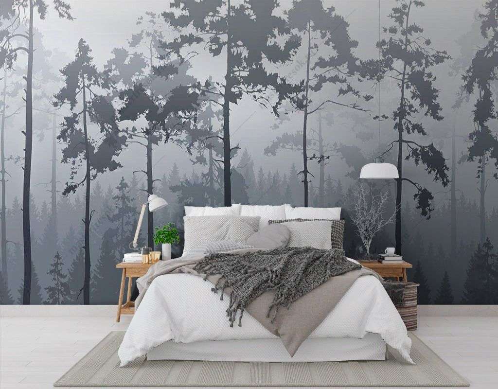 Фотообои в интерьере бледно-серый туманный лес  14-609 фото
