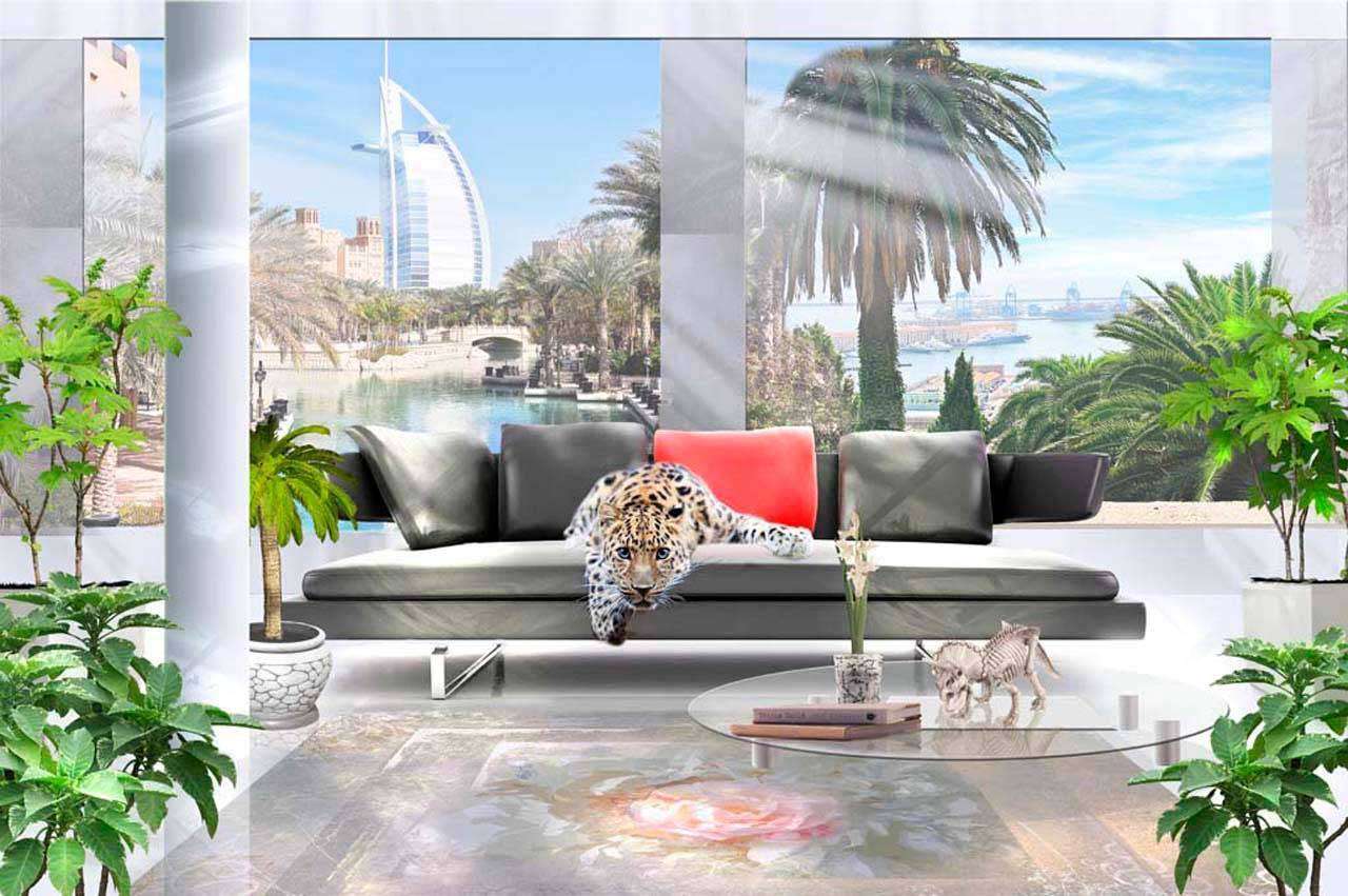 Фотообои в интерьере 3d леопард в интерьере  3-076 фото