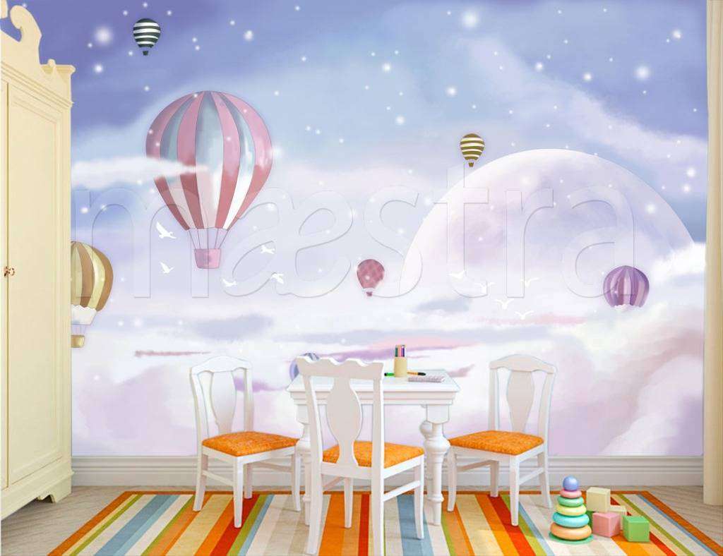 Фотообои в интерьере воздушные шары в розовом небе  12-430 фото