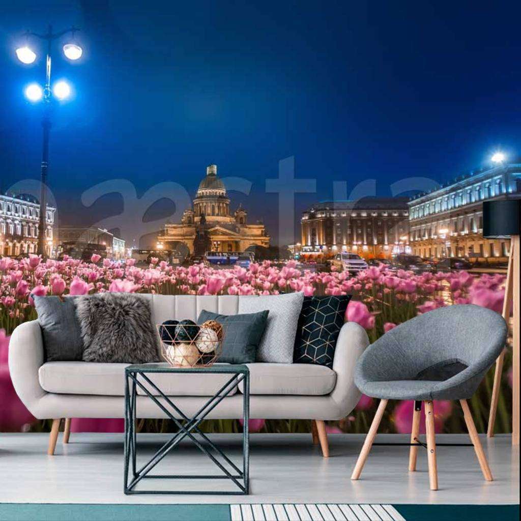 Фотообои Розовые тюльпаны у Исаакиевского собора в ночи  9-668