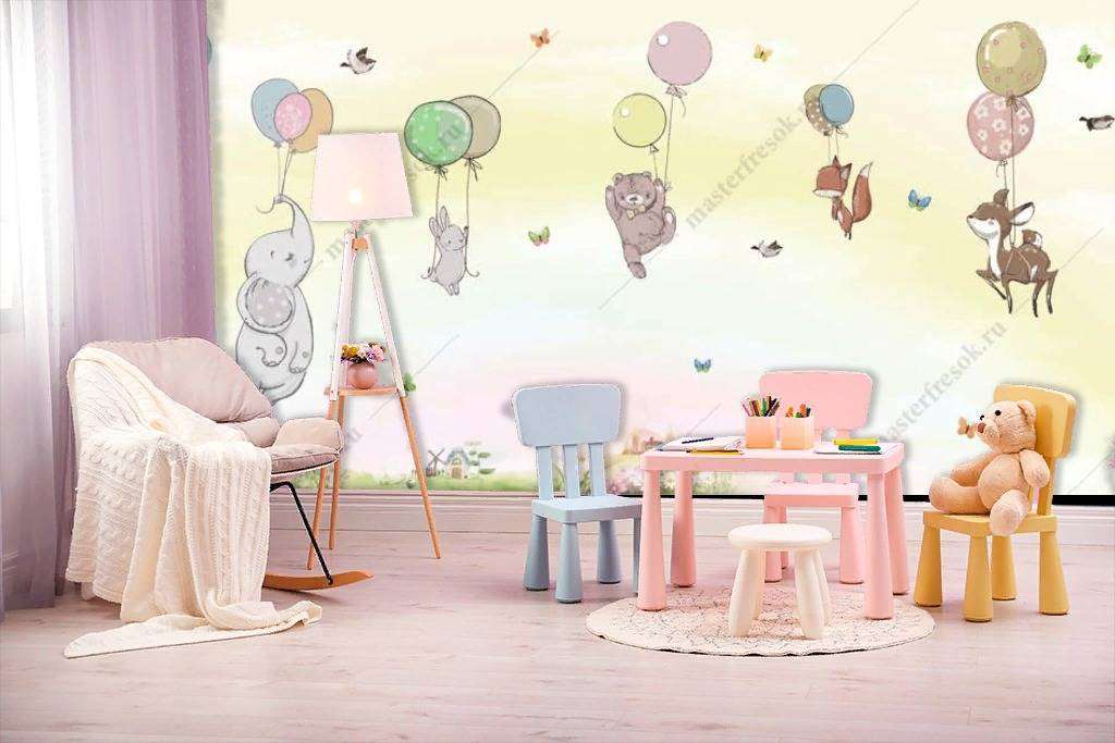 Фотообои в интерьере милые зверята на воздушном шаре  12-1203 фото