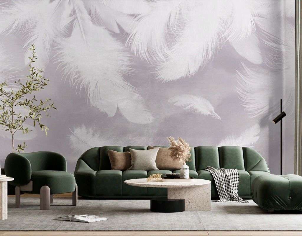 Фотообои в интерьере перья на пудровом фоне  14-796 фото
