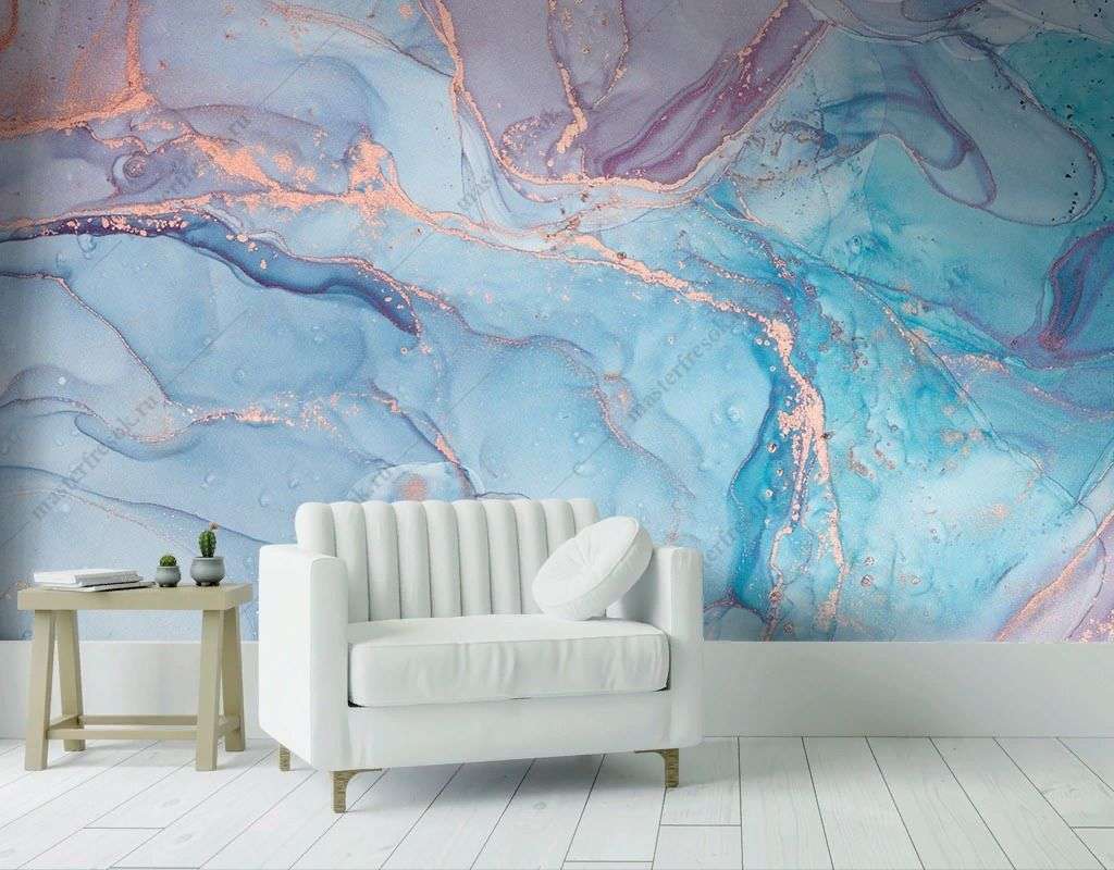 Фотообои в интерьере мрамор голубой с золотыми прожилками  9-1790 фото