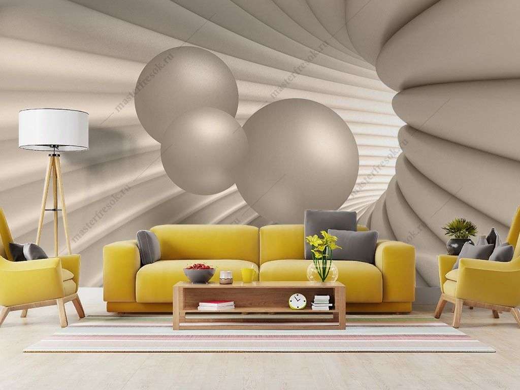 Фотообои в интерьере 3д шары золотые в воронке  9-1849 фото