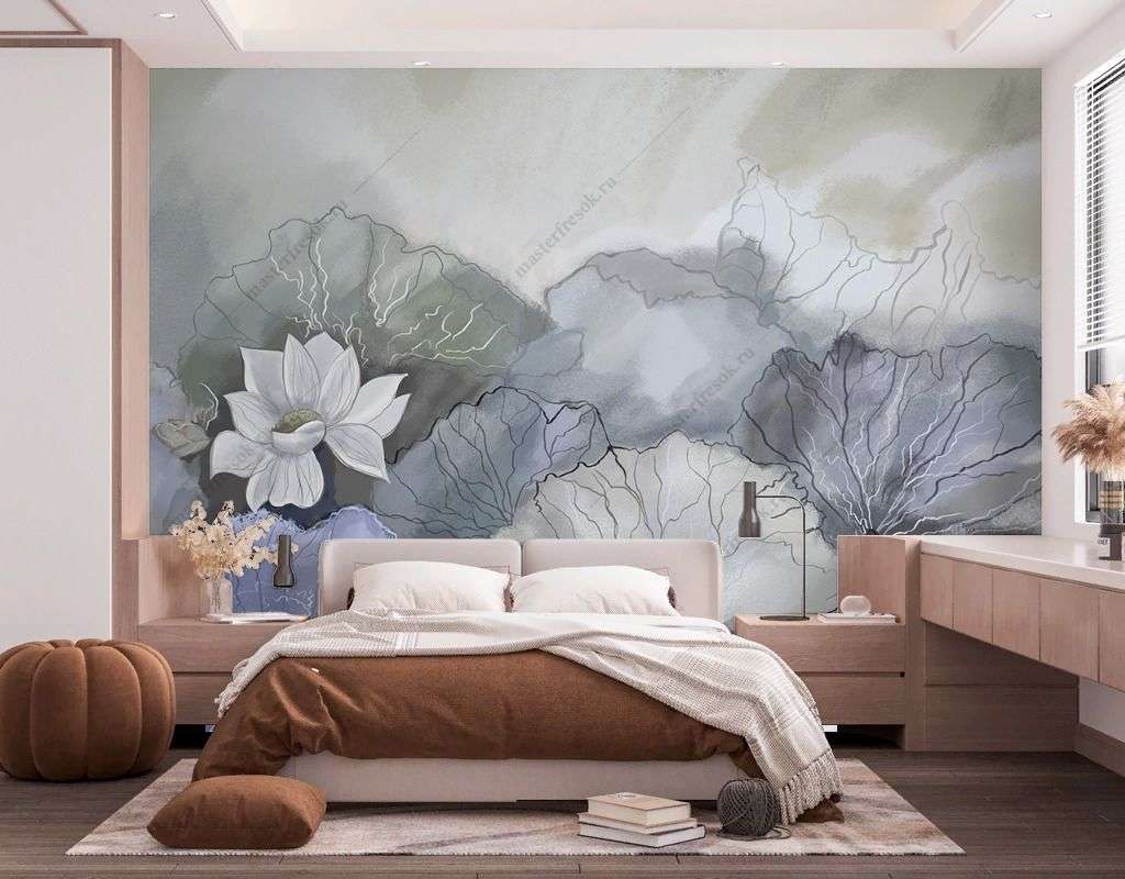 Фотообои в интерьере лотосы серо-бирюзовые  9-1775 фото