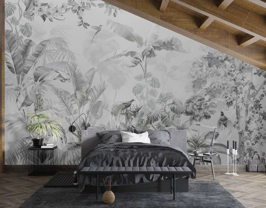 Фотообои в интерьере тропический лес серый  13-745 фото