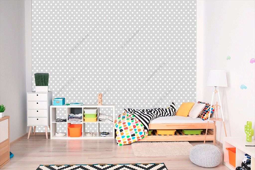 Фотообои в интерьере серый фон в горошек  14-620 фото