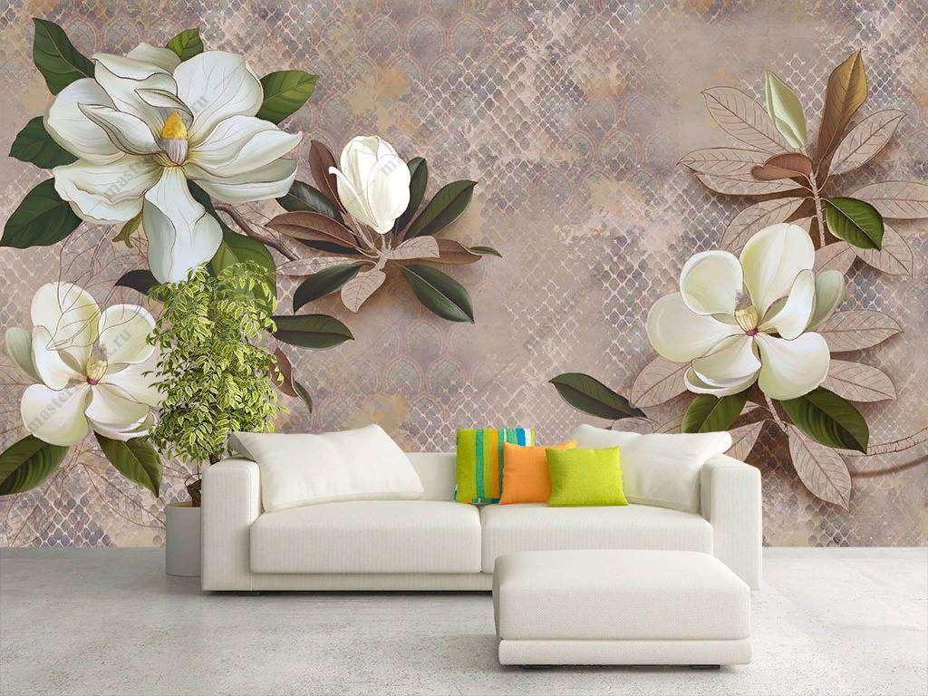 Фотообои в интерьере магнолия на бежевом фоне  10-871 фото