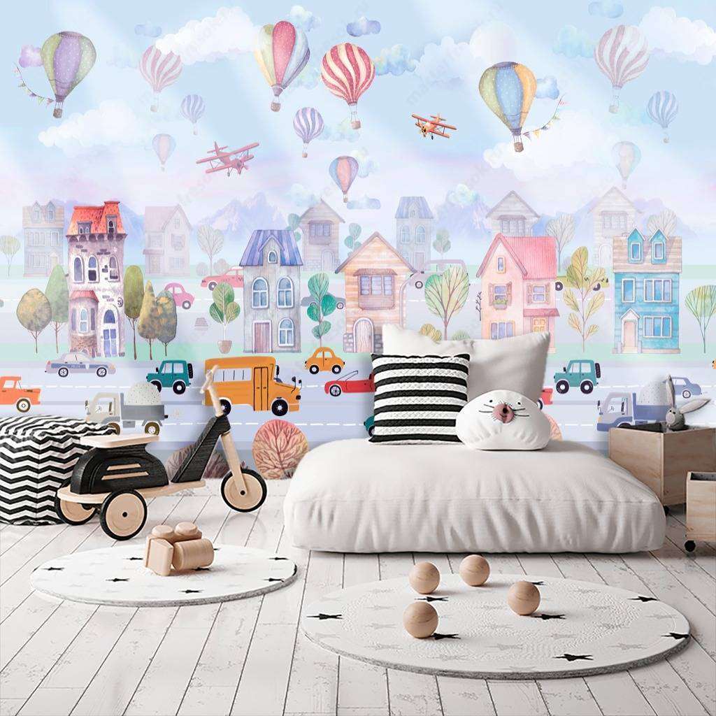 Фотообои Бесшовные обои на стену:  Воздушные шары над городом. Артикул: 13-207  