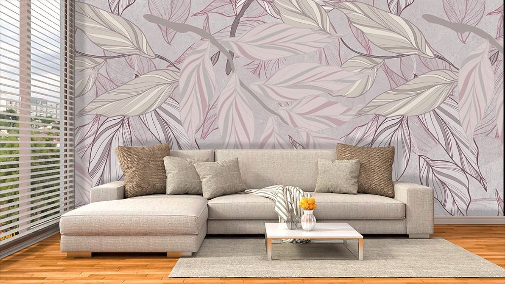 Фотообои в спальню Веточки с листьями лиловые  9-1978