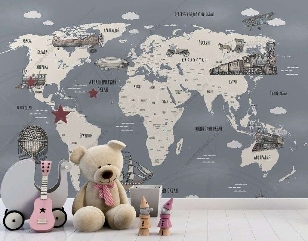 Фотообои в интерьере карта мира с военной техникой  12-1468 фото