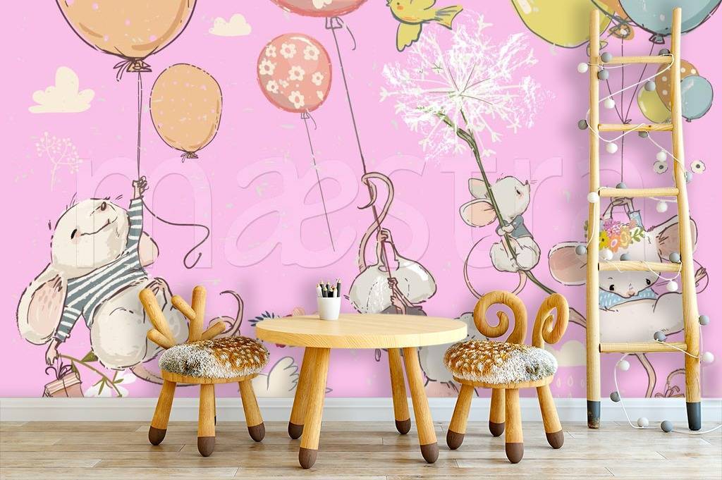 Фотообои Мыши на шарах на розовом фоне  12-338