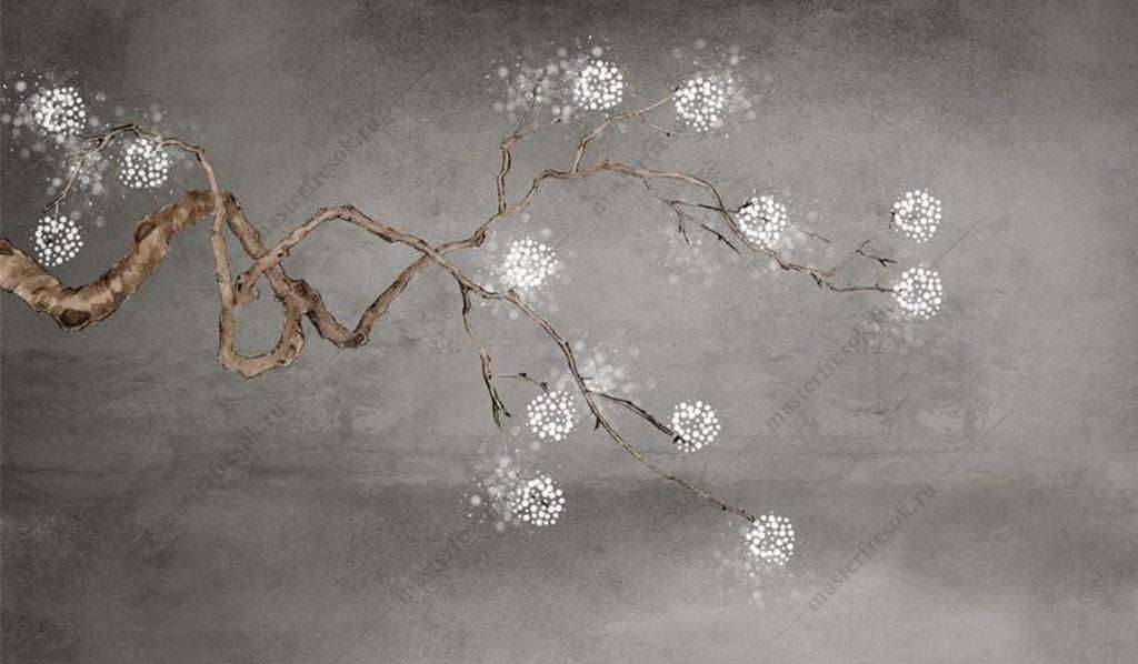 Фотообои в интерьере веточка с белыми цветами  15-897 фото