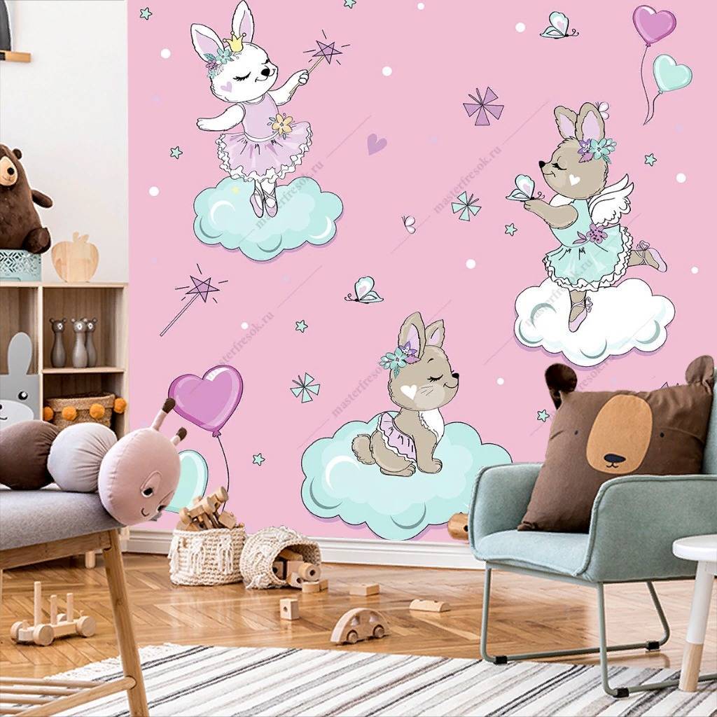 Фотообои Зверята на облаках на розовом фоне  12-419