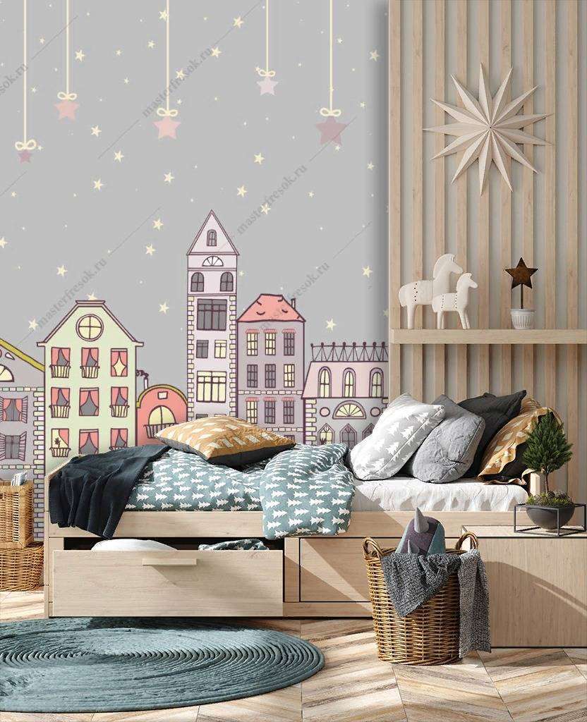 Фотообои в интерьере звездное небо над городком  14-156 фото