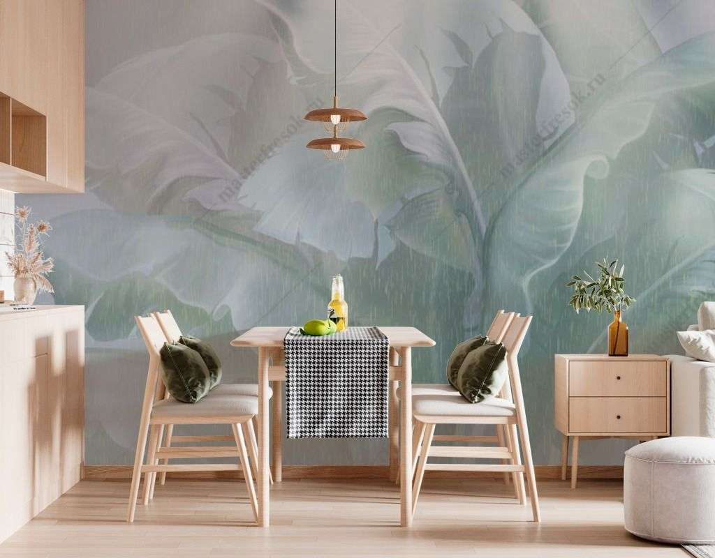 Фотообои в интерьере зеленые листья банана  13-457 фото