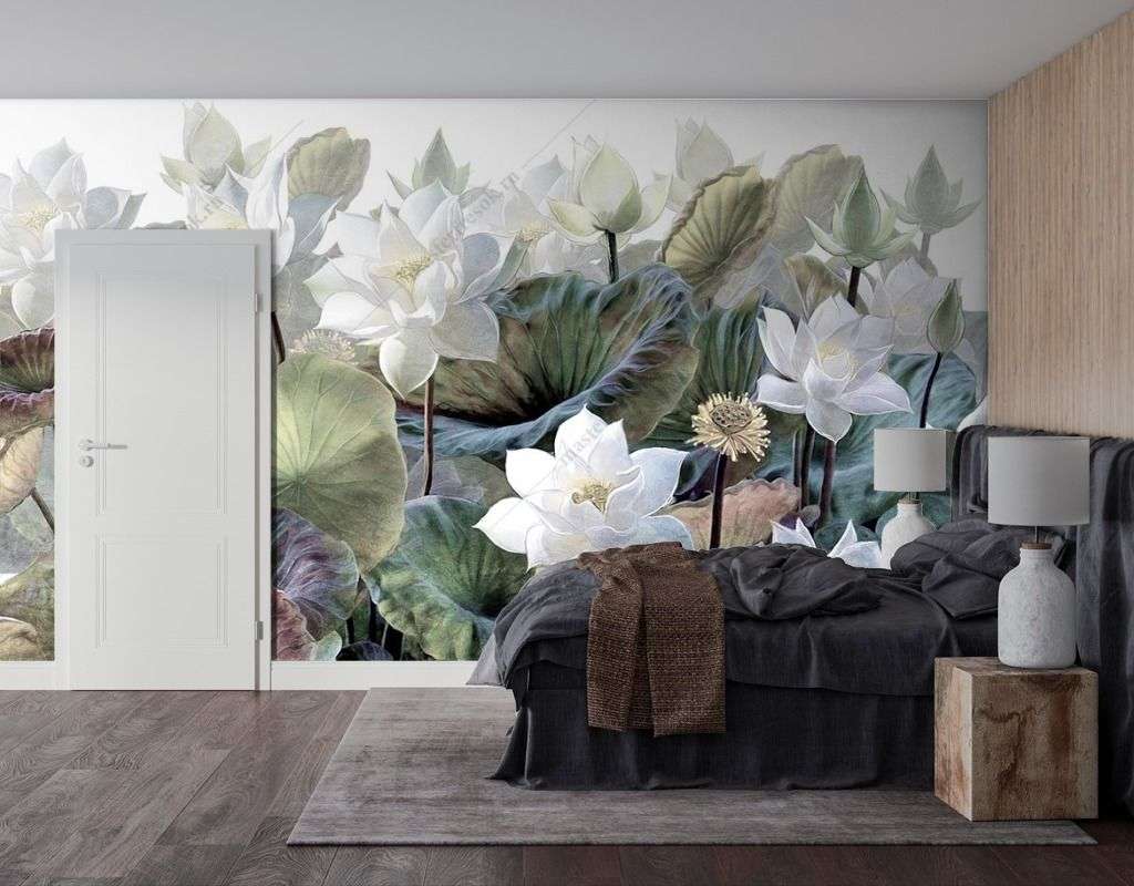 Фотообои в интерьере лотосы на белом фоне  9-1637 фото