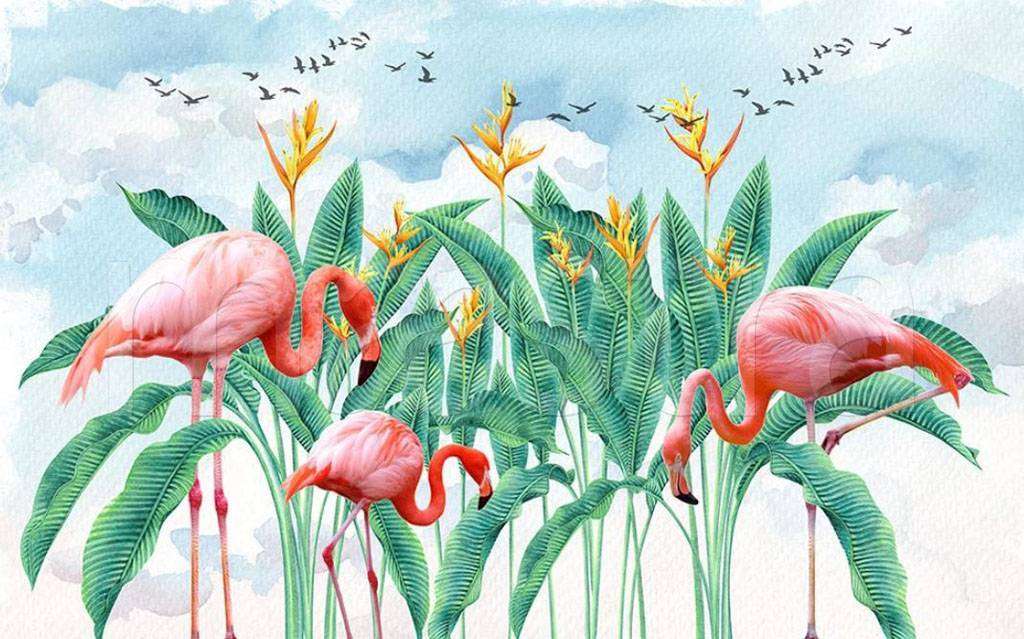 Фотообои в интерьере фламинго в листьях  15-517 фото