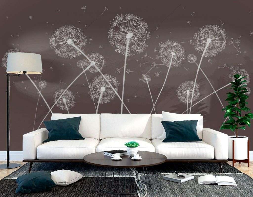 Фотообои в интерьере одуванчики на коричневом фоне  14-528 фото