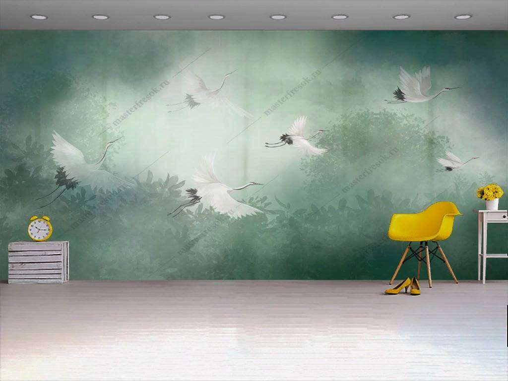 Фотообои в интерьере журавли в полете  10-759 фото