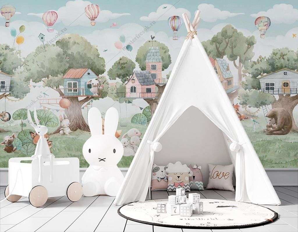 Фотообои в интерьере деревья и животные с домиками  14-371 фото