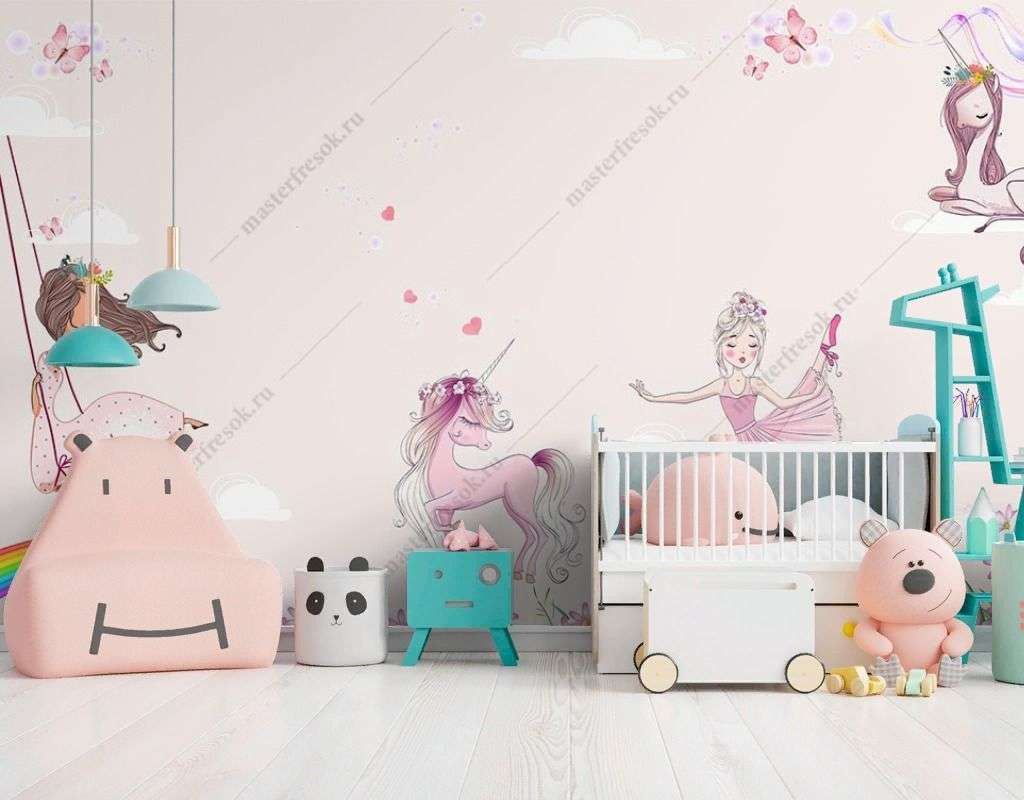 Фотообои в интерьере принцессы с единорогами  14-625 фото