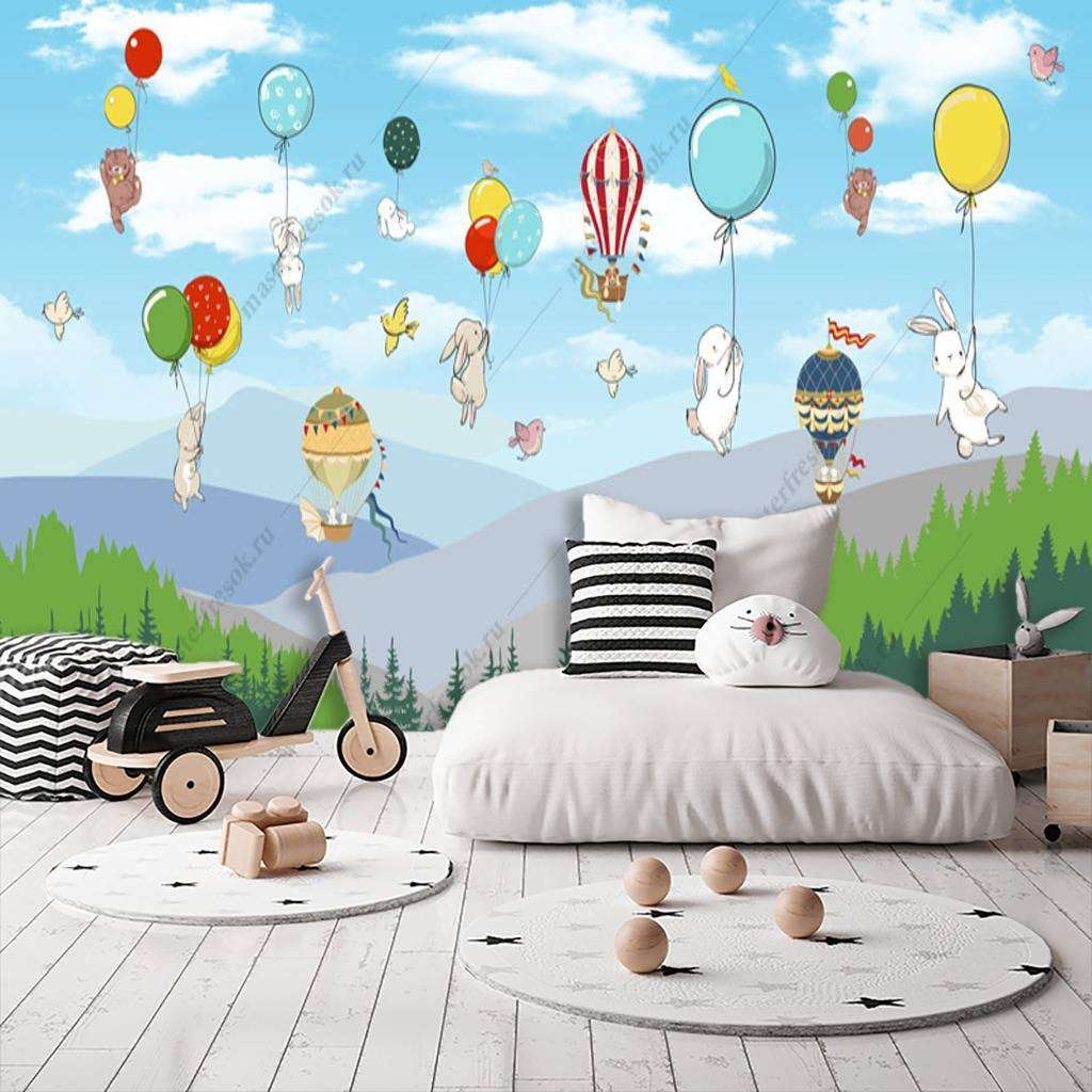 Фотообои в интерьере шарики над лесом  12-949 фото
