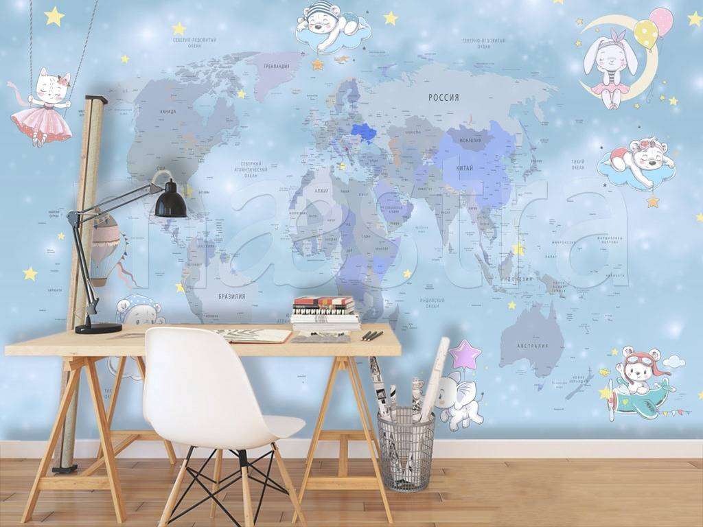 Фотообои в интерьере карта на русском с милыми животными  12-501 фото