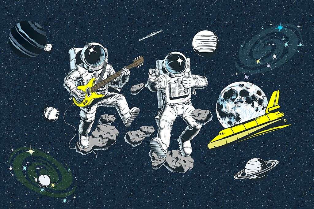 Фотообои в интерьере в детскую: космонавты-музыканты.   14-737 фото