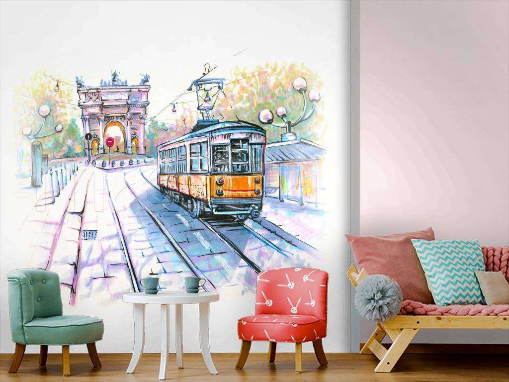 Фотообои в интерьере трамвай графика  12-497 фото