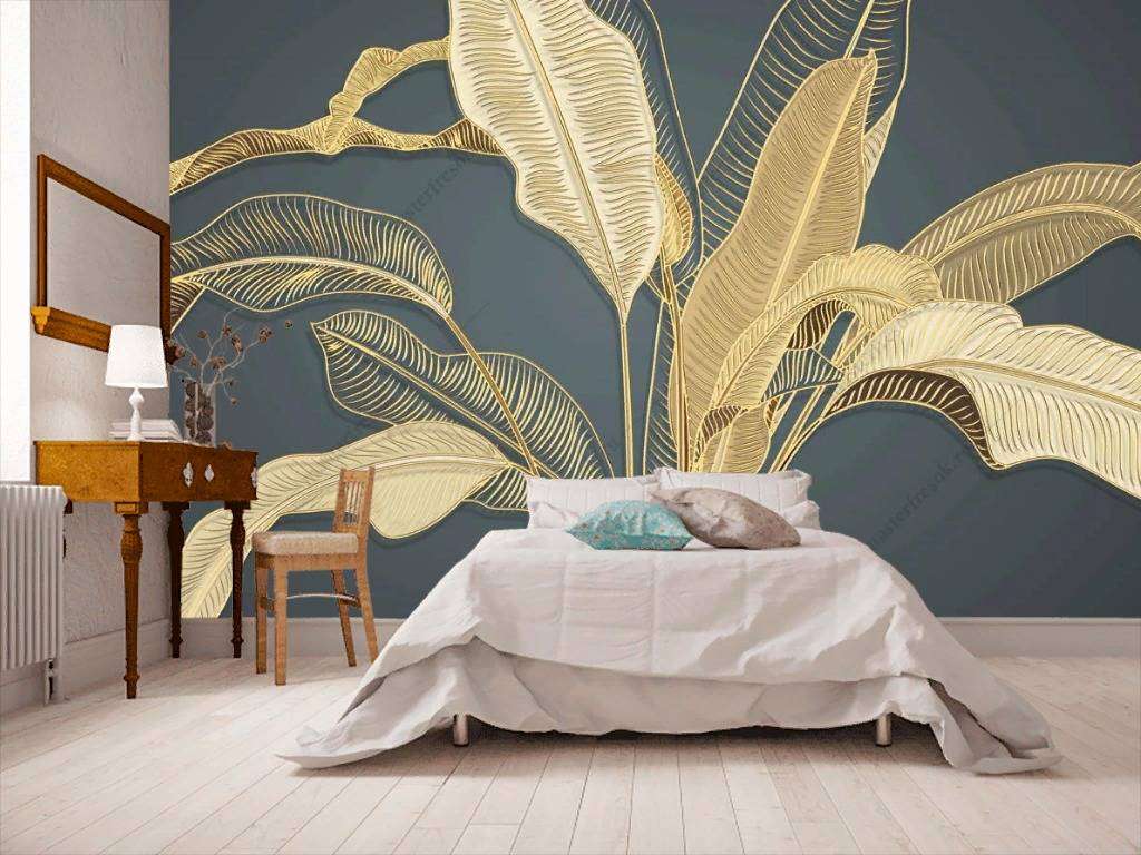 Фотообои в интерьере золотые перья на темном фоне  9-1195 фото