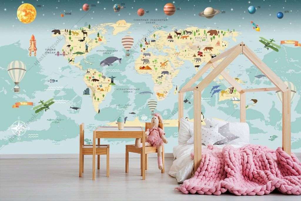 Фотообои в интерьере карта мира с планетами  14-290 фото