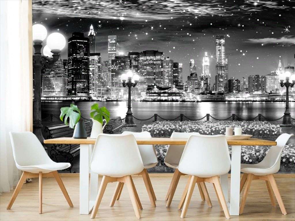 Фотообои в интерьере вид на ночную набережную  19-0031 фото