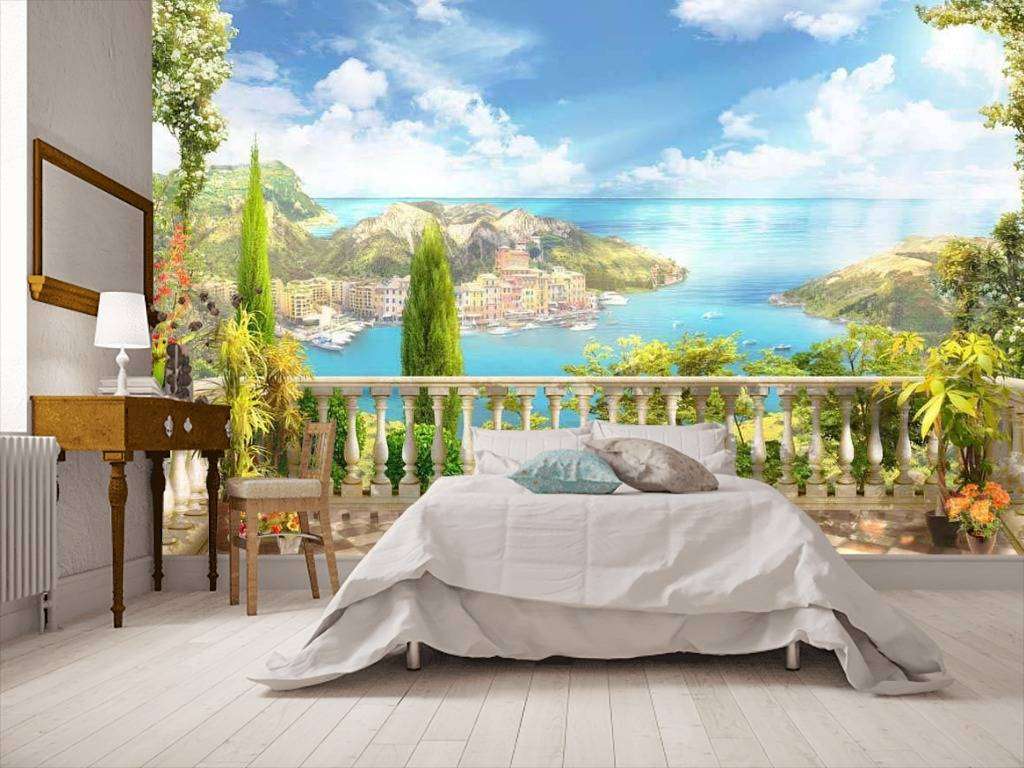 Фотообои в интерьере терраса с видом на приморский город  17-0055 фото