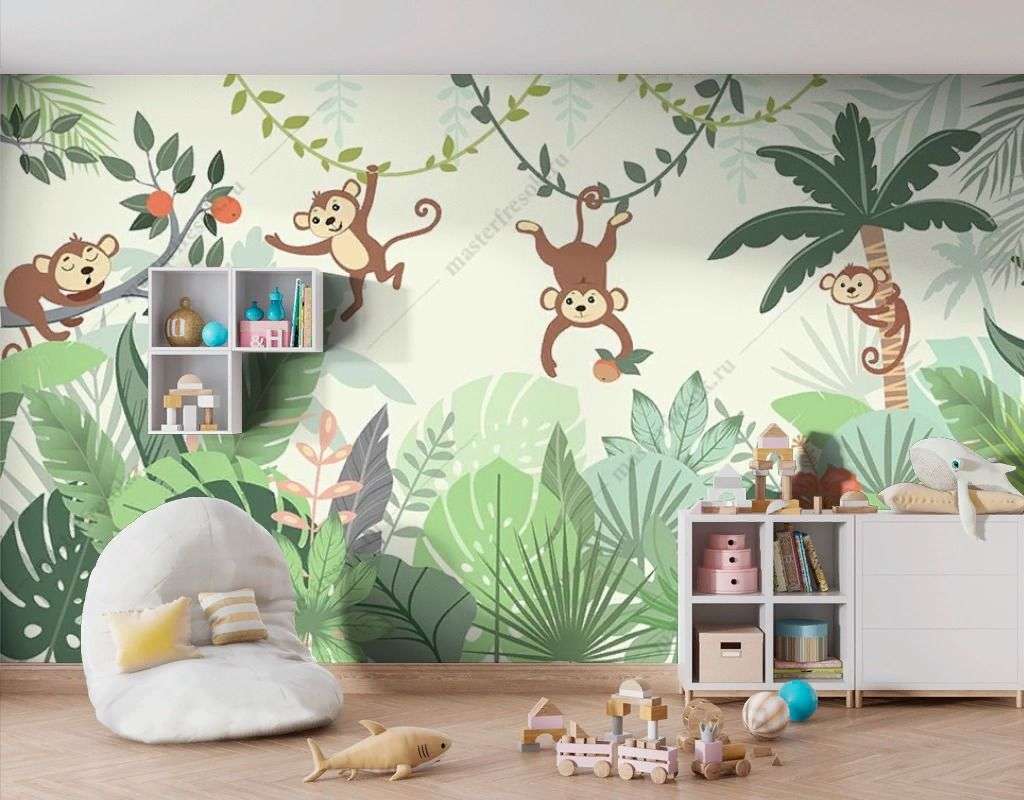 Фотообои в интерьере веселые обезьянки в джунглях  12-1528 фото