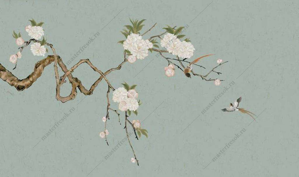 Фотообои в интерьере веточка цветущего миндаля  15-900 фото