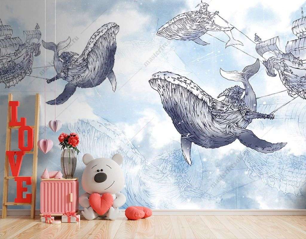 Фотообои в интерьере большие киты в небе  9-1700 фото