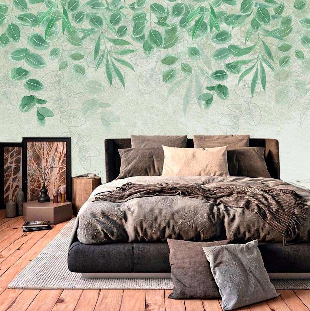 Фотообои в интерьере зеленый фон листья  15-465 фото