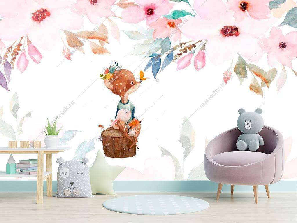 Фотообои в интерьере олененок и бабочка  14-016 фото