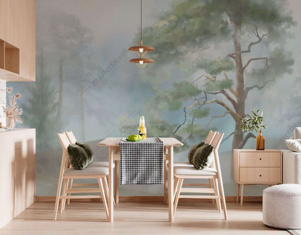 Фотообои в интерьере хвойный лес утром  13-461 фото