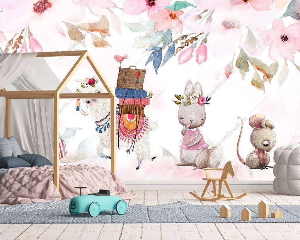 Фотообои в интерьере детская иллюстрация с животными  14-008 фото