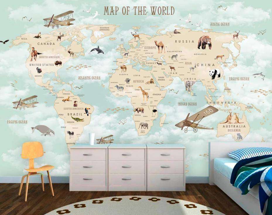 Фотообои Бесшовные обои на стену:  Карта мира с животными и кораблями. Артикул: 15-094  
