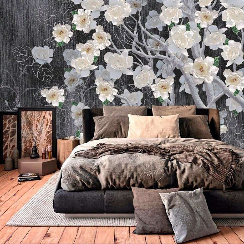 Фотообои в интерьере нежные цветы на дереве  13-297 фото