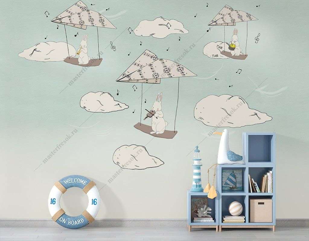 Фотообои в интерьере музыкальные зайчата  14-606 фото