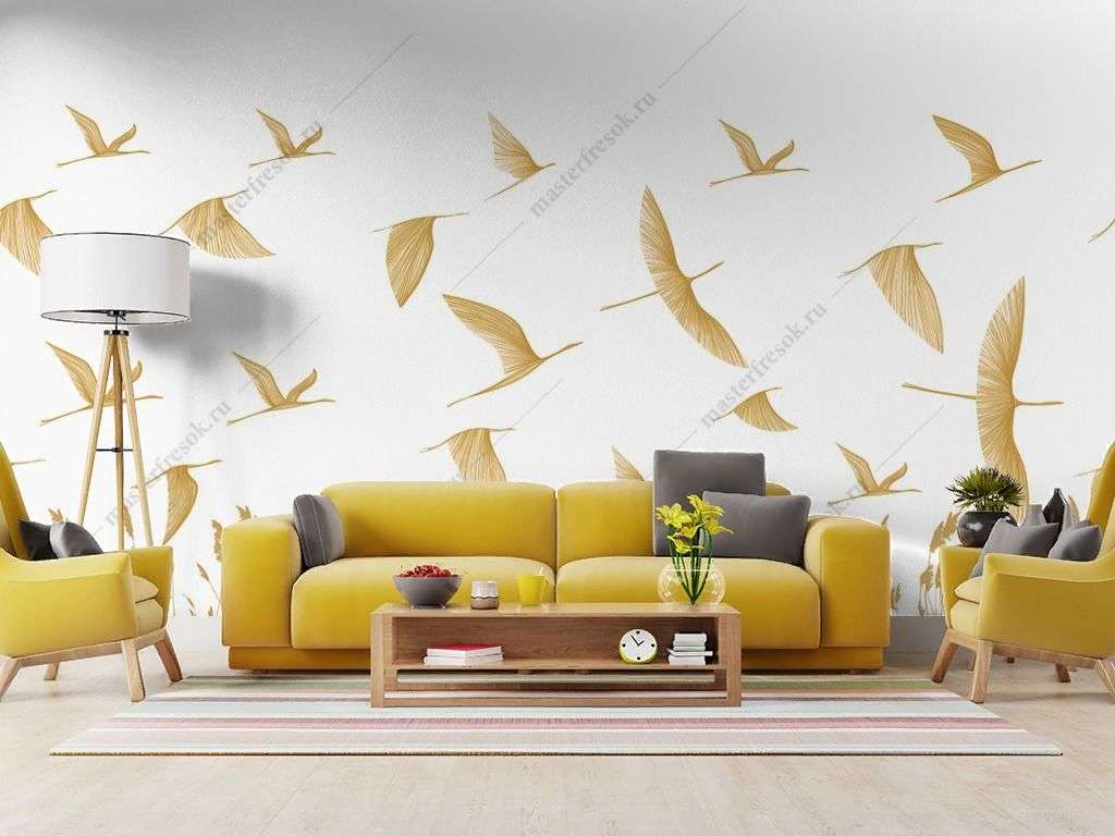 Фотообои в интерьере журавли над колосьями   14-713 фото