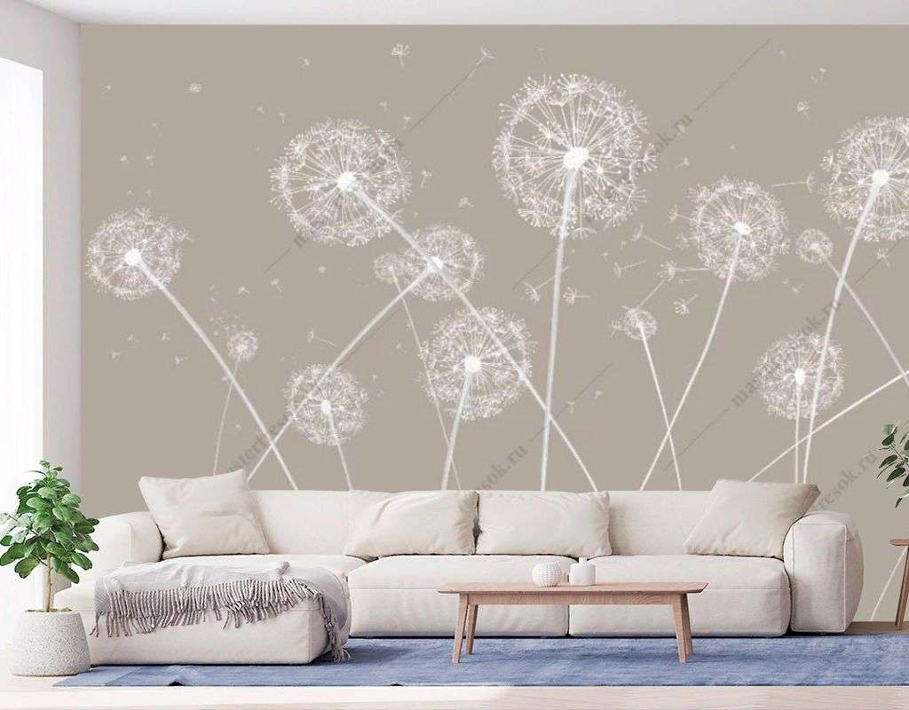 Фотообои в интерьере одуванчики на бежевом фоне  14-524 фото