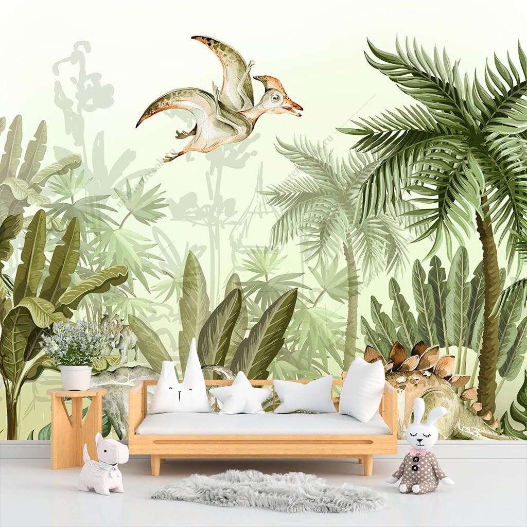 Фотообои в интерьере тропики с динозаврами  14-642 фото